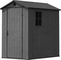Greesum 4x6FT Plastic Storage Shed with Floor, Resin Outdoor Storaged Sheds with Lockable Door, All Weather Tool Shed with Window and Vent, Easy Assembly for Garden, Patio, Yard, Dark Gray