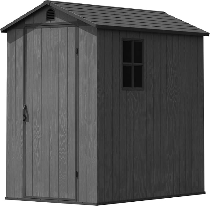 Greesum 4x6FT Plastic Storage Shed with Floor, Resin Outdoor Storaged Sheds with Lockable Door, All Weather Tool Shed with Window and Vent, Easy Assembly for Garden, Patio, Yard, Dark Gray