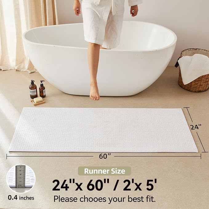 Triohero Bathroom Runner Rug, Long Bath Mat Washable Thin Quick Dry Low Pile Bathroom Runner Rugs 24 x 60 Non Slip, White 24"x60"