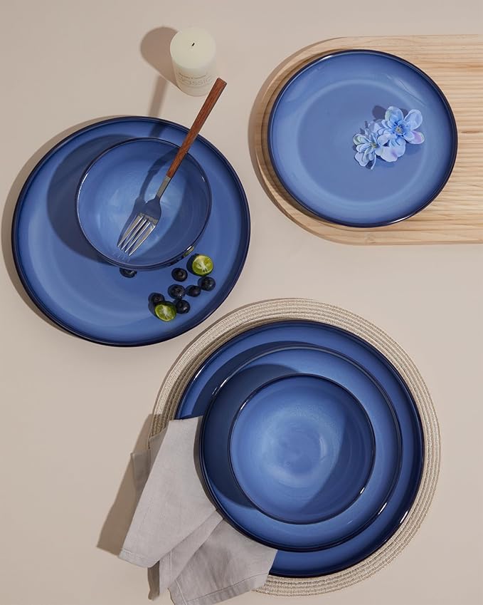 Pokini Blue Stoneware Dinnerware Set, 12 pcs Reactive Glaze Plates and Bowls Sets, Handmade Round Dishes Set for 4, Highly Chip and Crack Resistant Modern Plate Set