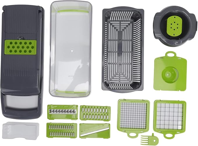 Vegetable Cutter Peeler Chopper Grater, Stainless Steel Kitchen Tool with Anti - Slip Handle and Blade Container for Potato Carrot Onion, 12 - Piece Set for Home (Grey Green)