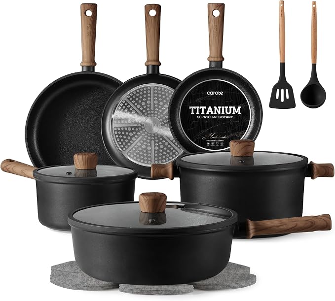 CAROTE Nonstick Pots and Pans, Induction Titanium Cookware Set 16pcs Kitchen Cooking Sets, Pot and Pan Non Stick w/Frying pan (PFOS, PFOA Free)