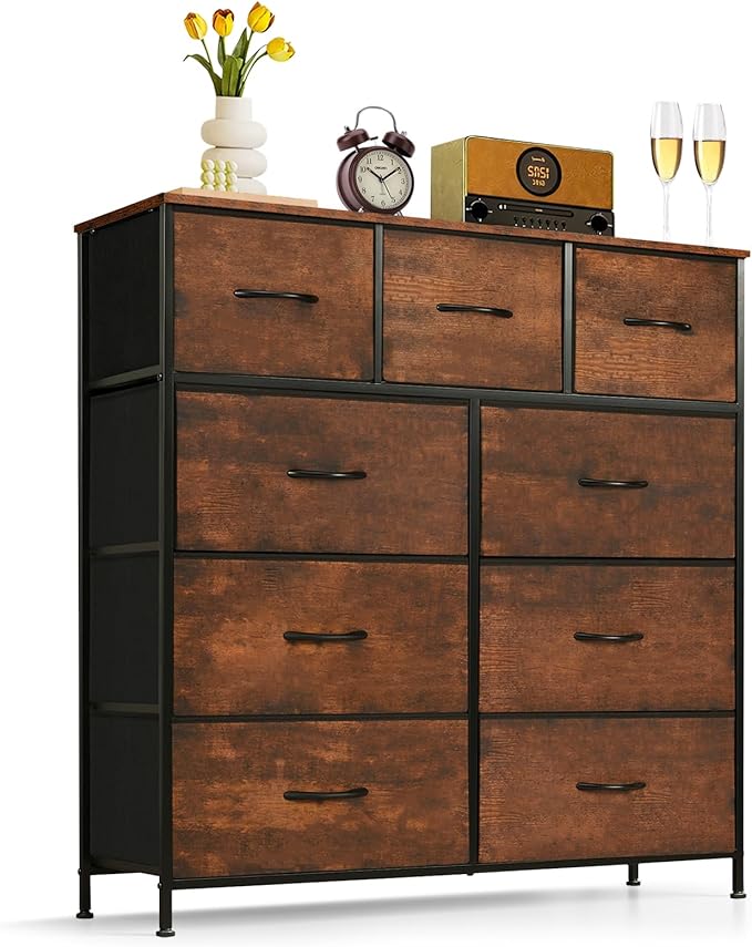 9-Drawer Dresser for Bedroom, Anti-Tip Tall Storage Organizer Chest of Drawers with Wooden Top and Metal Frame Fabric Bins for Closet, Living Room, Hallway, Entryway, Brown
