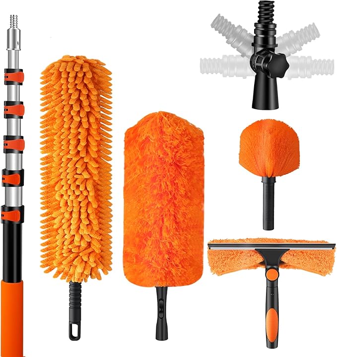 30ft High Reach Duster Kit with Extendable Pole (5-24ft),High Ceiling Duster Kit Includes–Ceiling Fan Blade Cleaner, Cobweb Remover, Bendable Duster, Microfiber Glass Scrubber & Squeegee & Swivel Head
