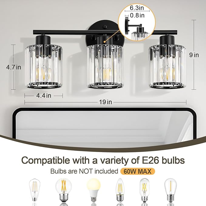 Crystal Bathroom Light Fixtures, Bathroom Lighting Fixtures Over Mirror, Modern Black 3-Light Vanity Lights for Mirror, Restroom, Bedroom (Ceramic E26 Socket,Bulbs Not Include)