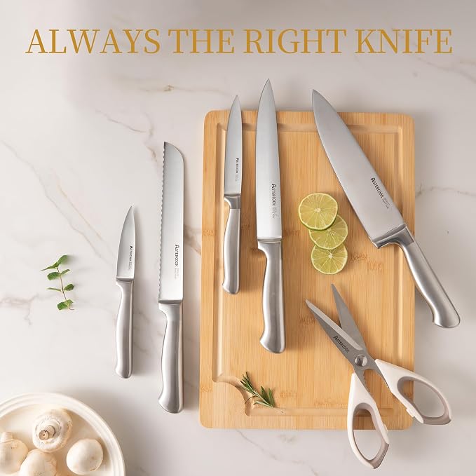 Astercook Knife Set for Kitchen with Block Sharpener 14Pcs Dishwasher Safe | Full Tang Stainless Steel Knives and Anti-Slip Ergonomic Handle Utensils Set