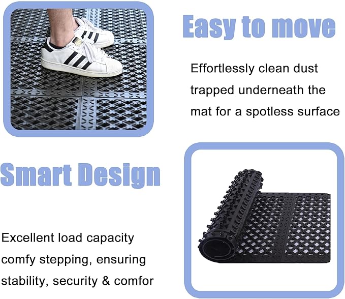 Interlocking Rubber Floor Mats 21”x21” 8 Pack - Open Grid Drainage Tiles, Non-Slip for Deck, Patio, Pool, Garage & Wet Areas