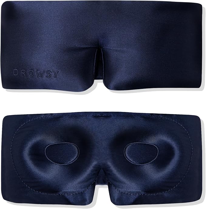 DROWSY Eyelash Protecting Silk Sleep Mask for Natural Lashes & Extensions. Deep Eye Cups, Zero Pressure, Total Blackout, Full Wraparound (Midnight Blue)