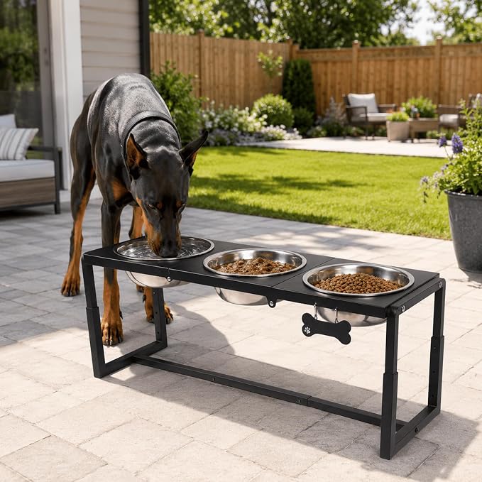 Metal Elevated Dog Bowls, Raised Dog Bowls for Large/Extra-Large Breeds with 3×111oz Stainless Steel Bowls, 3 Adjustable Height Stand for Water & Food, Protect Neck & Joints