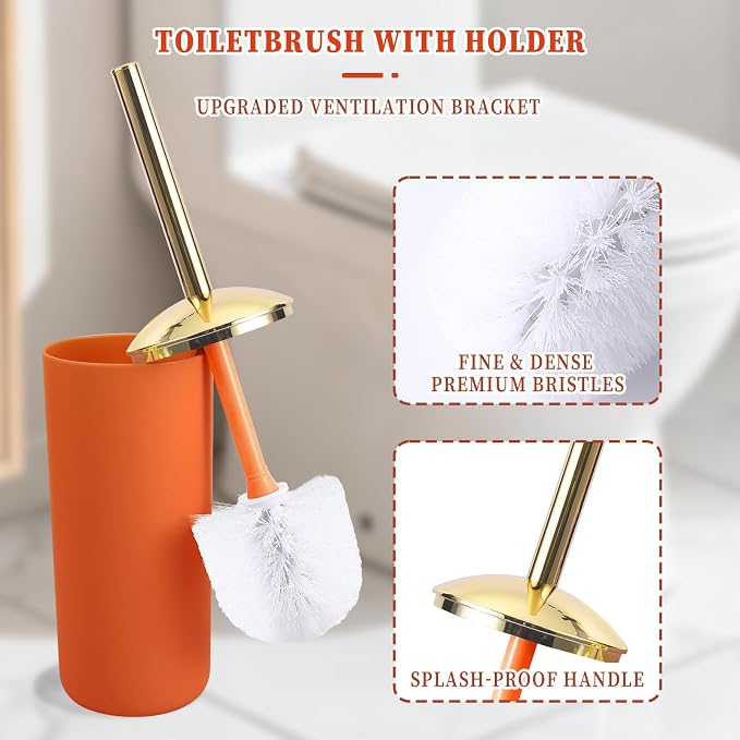 BSSN Orange Bathroom Accessories Set, Luxurious 9-Piece Bath Decor Set with Trash Can, Toilet Brush, Gold Pump Soap Dispenser, Multi-Slot Toothbrush Holder, Qtip Jars, Vanity Tray and Tumbler Cup