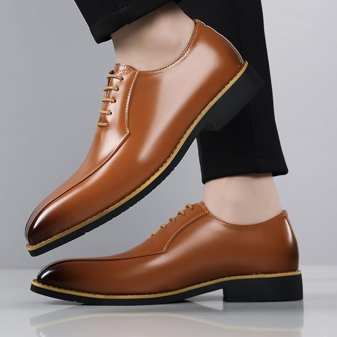 Santimon Men's Leather Dress Shoes - Oxford Lace Up Formal Business Shoes for Men - Polished Leather Dress Shoes with Low Heel