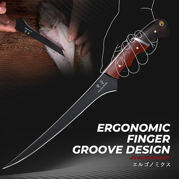 DRGSKL Fish Fillet Knife 7 inch - Black Slicing Knife with Wooden Handle | Japanese ATS-34 Steel, Full Tang, Ergonomic Walnut Handle, Precision Cutting, Gift Box