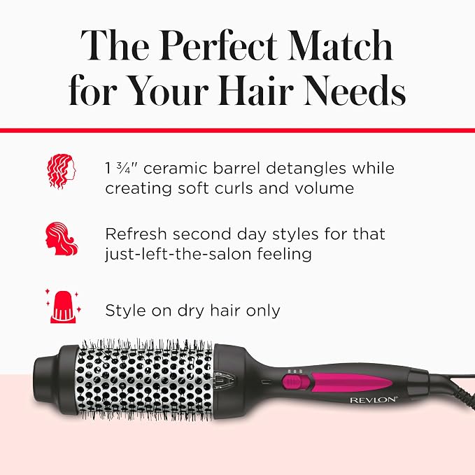 REVLON Perfect Match Hot Styler Heated Styling Brush, 1¾ Inch Round Hair Brush for Blowout Refreshing Curls, Volume, and Body, Ionic Technology, Triple Oil Infused Barrel