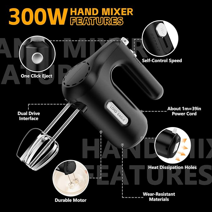 Lord Eagle 5-Speed Hand Mixer Electric, 300W Compact Handheld Mixer, Portable Kitchen Egg Beater with 5 Attachments & Storage Bag, Cake Supplies for Bread Dough Baking, Lightweight, Black