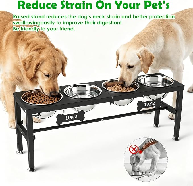 SHAINFUN Adjustable Height Dog Bowl Stand with 4 Bowls for Multi-Dog Homes– Elevated Dog Bowls for Large Breeds with Anti-Slip Mat, Raised Feeding Station with Stainless Steel Bowls