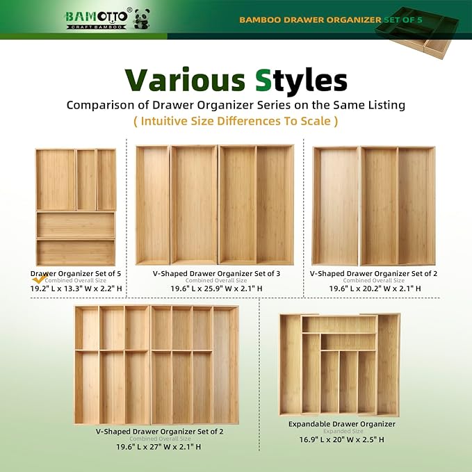 BAMOTTO CRAFTBAMBOO Stack Bamboo Drawer Organizer Set of 5, Kitchen Utensil, Flatware&Silverware Organizer-Wood Laminated Stackable for Kitchen, Bedroom, 13.4''x4.5''*2+10.2''x3.3''*2+10.2''x6.7''*1