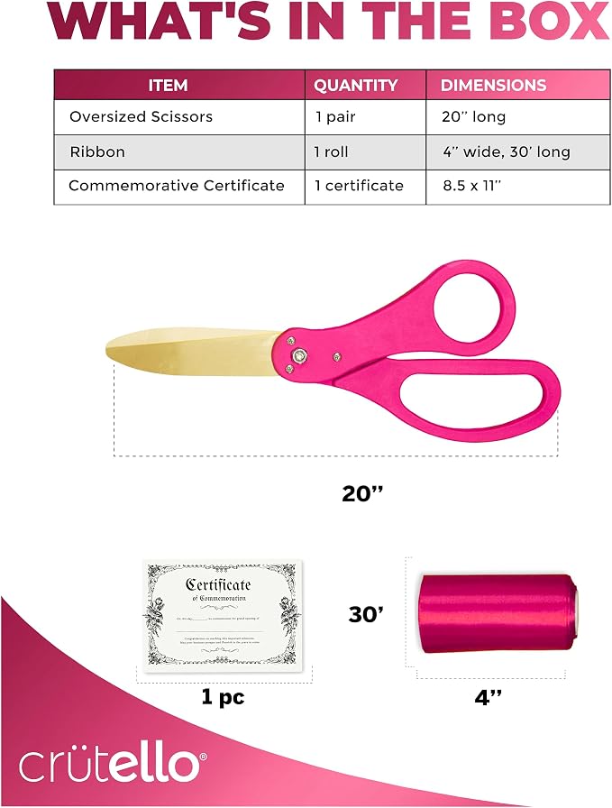 Crutello Giant Ribbon Cutting Ceremony Kit - 20"Large Gold Scissors Set with Pink Handle, Durable Big Scissor and 30 Feet of Oversized 4"Wide Pink Grand Opening Ribbon