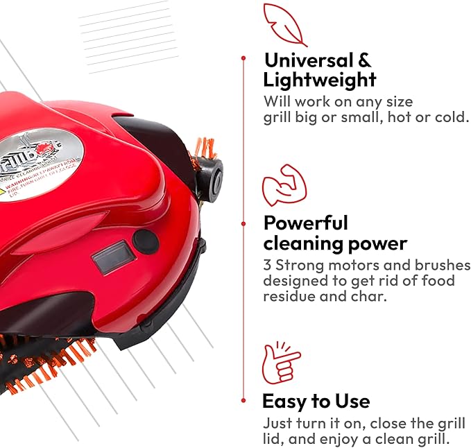 Grillbot Automatic Grill Cleaning Robot with Nylon Brushes, Electric BBQ Cleaner Brush with Motorized Power, Cordless Rechargeable Grill Scrubber for Outdoor Grills (Red)