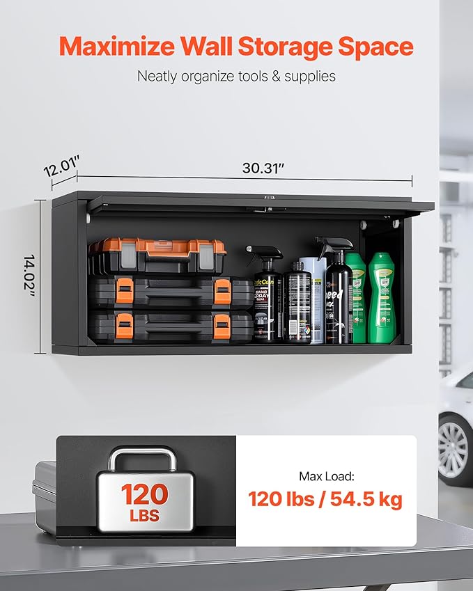 VEVOR Metal Wall Cabinet, 30.31W x 12.01D x 14.02H Inch, Floating Garage Tool Cabinet with Up-Flip Door, 120 lbs Load per Shelf, Fit for Garage, Basement, Kitchen, Warehouse, Assembly Required