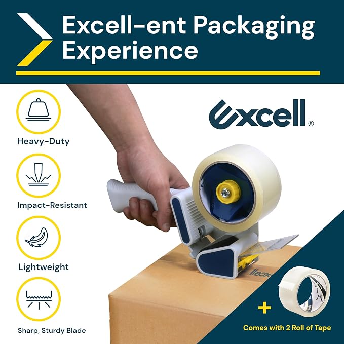 Excell EC-206 Safeguard Packing Tape Dispenser, 2" Wide, 3" Core, 2 Pack | Retractable Blade Cover for Safety, one-Hand use. Ideal for Shipping and Carton Sealing - Includes Tape Roll