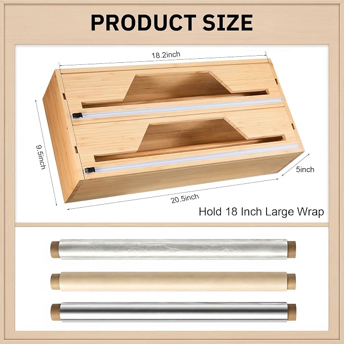 Wesiti 18 Inch Large Plastic Wrap Organizer & Dispenser with Cutter 2 in 1 Aluminum Foil Wrap Butcher Parchment Paper Dispenser Bamboo Wall Mount Tin Wax Cling Organizer for Kitchen Countertop