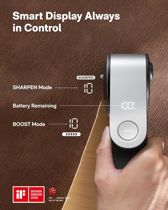 HOTO EdgeFlow Cordless Electric Scissors, Self-Sharpening Titanium Blade, Smart Display Electric Cardboard Cutter, Boost Mode & Tool-Free Blade Swap, Ideal for Cardboard, Fabric, Carpet, Leather DIY