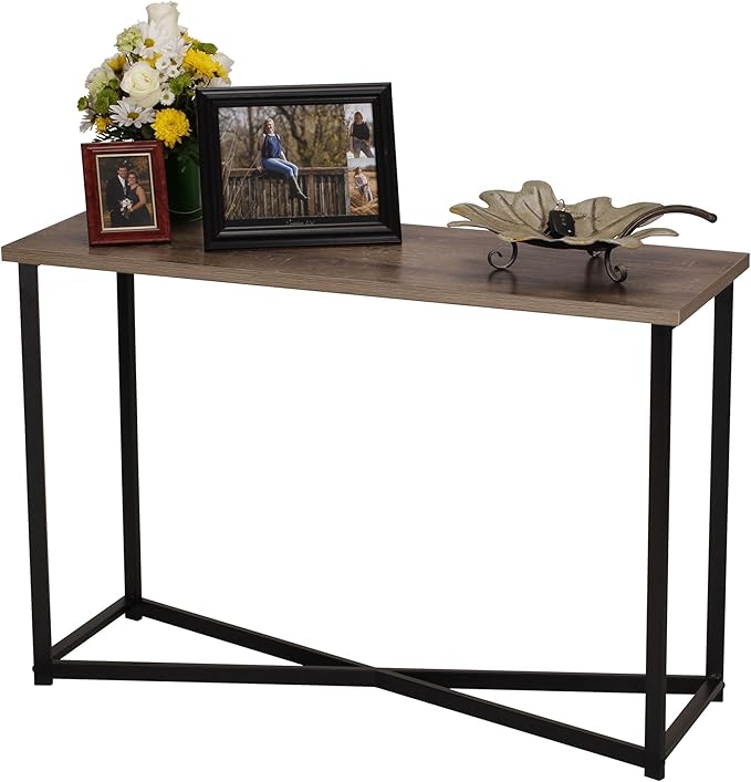 Household Essentials Ashwood Grain Console Table with Black Iron Base