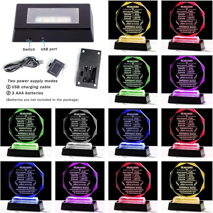 Movdyka Boss Gifts for Men Women Crystal Keepsakes with LED Base - Best Boss Day, Birthday, Christmas, Going Away, Thank You, Female Appreciation, Retirement, Office Decor