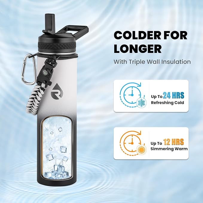 RAYMYLO Insulated Water Bottle 24 oz, Triple Wall Vacuum Stainless Steel (Cold for 24Hrs, Hot for 12Hrs), Leak Proof & Non-BPA, Modern Water Flask Jug with Paracord Handle & Straw Spout Lids