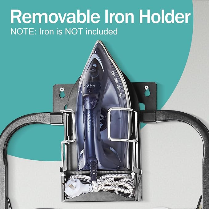 Seiritex Over the Door Ironing Board 13x36 inches with Iron Holder and Pocket Storage Bag, Hanging Iron Board for Home Laundry Room, Black