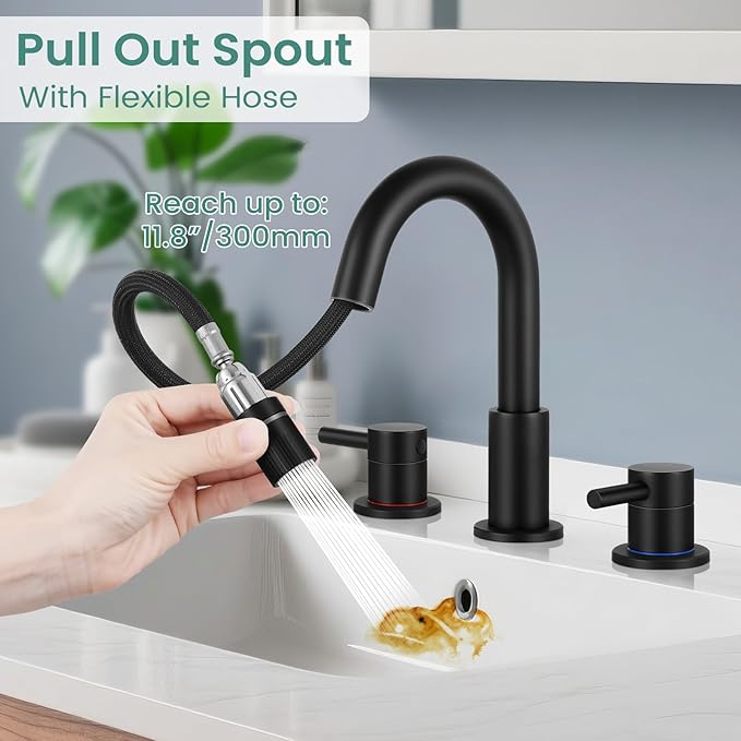Matte Black Pull Down Bathroom Faucet 3 Hole with Pop Up Drain, Bathroom Sink Faucet with Pull Down Sprayer 2 Modes, 8 inch Widespread Gold Faucet for Bathroom Sink, 2 Handle Vanity Faucet