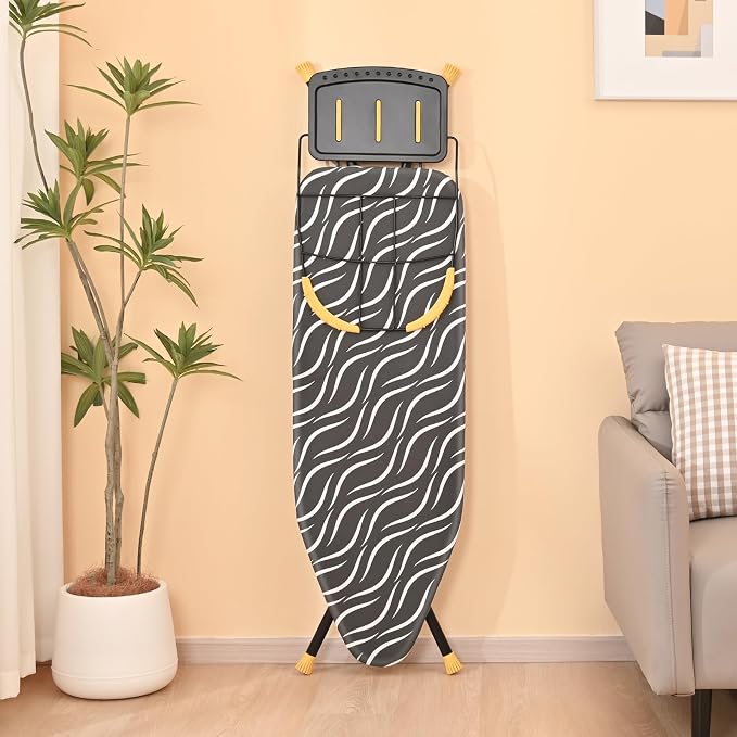 KINGBOARD Ironing Board Full Size with Metal Panel, Foldable Ironing Board with Iron Rest, 7 Height Adjustable, Heat Resistant Thick Padding Cover, Easy Storage Heavy Duty Iron Board,15x48, Black