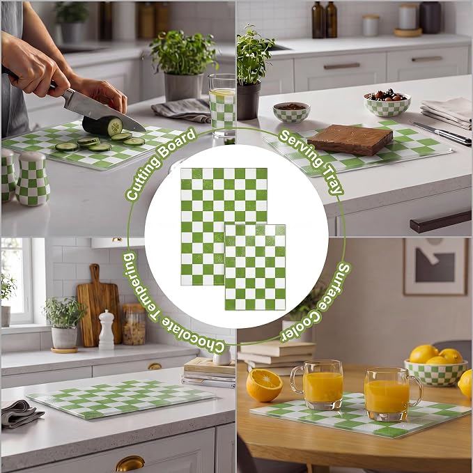 Thenshop Set of 2 Tempered Glass Cutting Boards Green Check Countertop Cutting Boards Heat Resistant with Non-slip Feet for Kitchen Counter Housewarming Wedding Gift 7.9x11inch+11x15 Inch