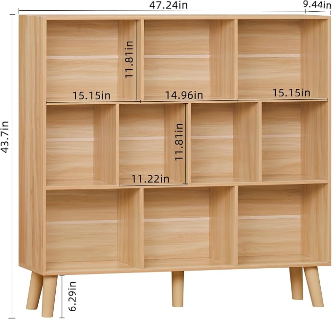 LEYAOYAO 10 Cube Bookshelf, Mid-Century Modern Book Shelf with Legs,Natural | 3 Tier Bookcase, Rustic Wood Bookshelves Freestanding Large Storage Organizer, Open Shelves for Bedroom, Living Room, Office