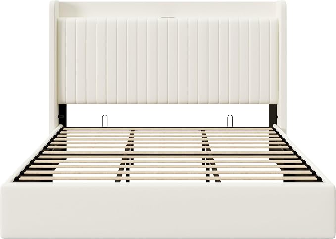 Allewie King Lift Up Storage Hydraulic Bed Frame,Charging Station,Cream | Storage Shelf Headboard with Charging Station,Type-C,USB Ports,Hydraulic Support,Velvet Upholstered,No Box Spring Needed