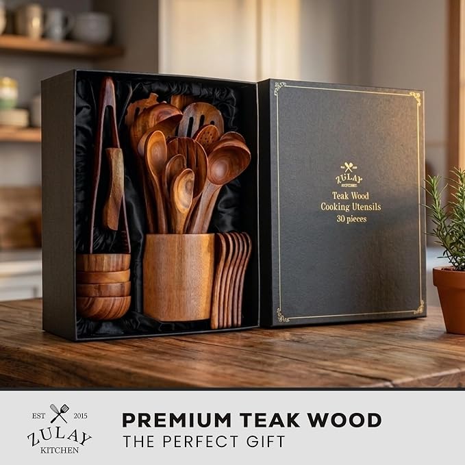 Zulay Kitchen 30-Piece Teak Wooden Utensils - Natural Teak Cooking Utensils with Premium Gift Box - Non-Stick Wooden Spoons - Kitchen Gift Set - Comfortable Grip