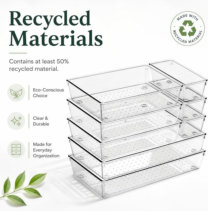 12 Pack Large Drawer Organizer Bins - Clear Plastic Bathroom Drawer Organizer Trays - Heavy Duty Kitchen Drawer Dividers for Utensils - Non-Slip Storage Bins for Makeup, Bedroom, Office Desk