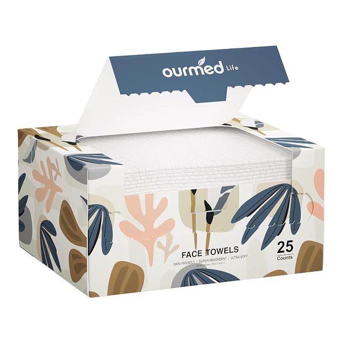 Ourmed Life Disposable Face Towels, 10 x 12 in XL Facial Towels, 25 Count | Clinically Tested, Reduce Redness, Skin Soothing, Sensitive Skin friendly, Biodegradable, Skincare, Women Cleansing,Absorbent