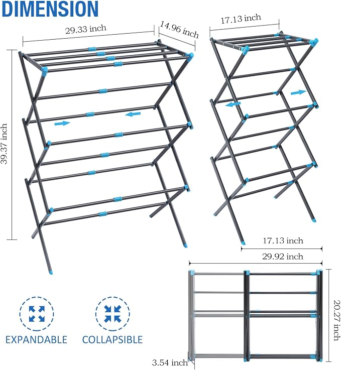 APEXCHASER Oversize Clothes Drying Rack, 3-Tier Drying Rack Clothing, Expandable Metal Laundry Drying Rack, Air Drying Rack, No Install, 24lb Capacity, 14.9" D x 29.3" W x 39.3" H, Graphite