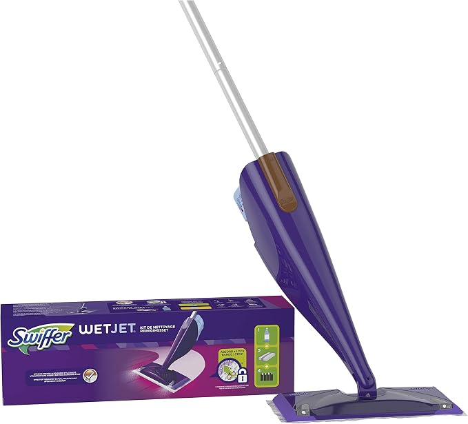 Swiffer WetJet Floor Spray Mop, Starter Kit, Includes: 1 WetJet, 5 Pads, 1 Cleaning Solution & 4 Batteries