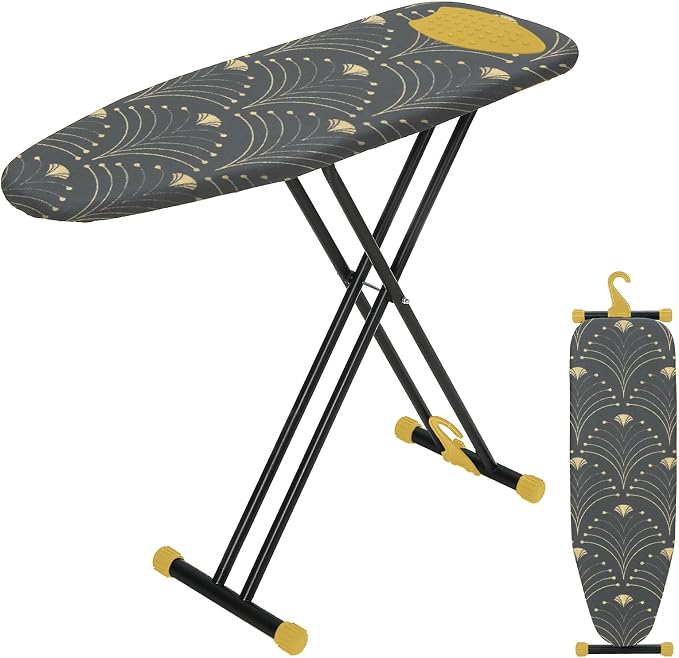 Ironing Board 43x13, RAINHOL Full Size Iron Board with Thick Padded Cover, Adjustable Height, Foldable Ironing Table with Hanger, Black Gold Pattern
