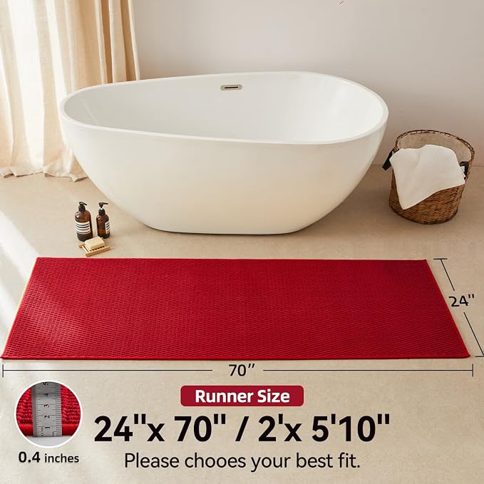 Triohero Bathroom Runner Rugs, Long Bath Mat Runner Washable Thin Quick Dry Low Pile Bathroom Runner Rugs Non Slip, Red 24"x70"