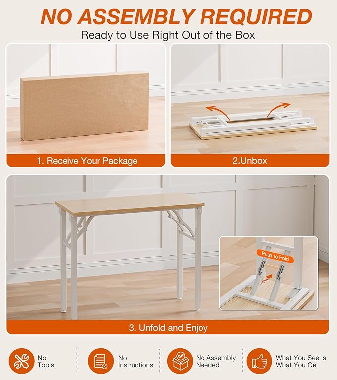 XBurmo Folding Desk Foldable Table, No Assembly 35.8" Foldable Desk Space-Saving Workstation for Small Space, Computer Table, Flat Storage for Home Office, Bedroom, Dorm, Study Room, Light Maple