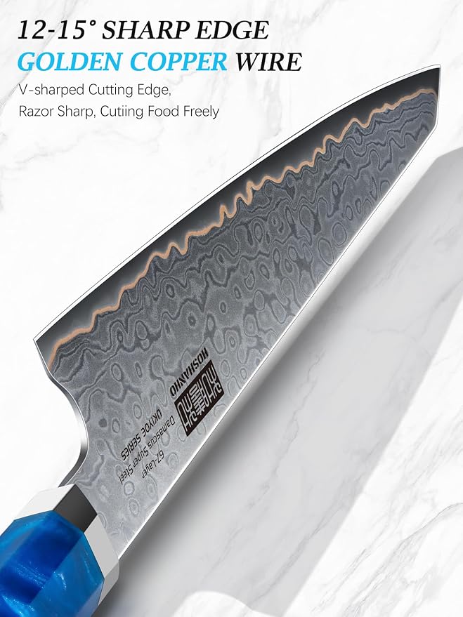 HOSHANHO Damascus 3PCS Knife Set, 67-Layer Damascus Steel Kitchen Knife Set | Ultra Sharp Japanese Chef Knives Set with Ergonomic Blue Resin Stabilized Handle & Wood Gift Box