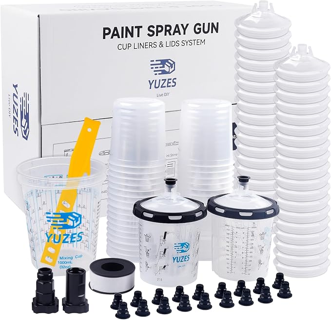YUZES Disposable Paint Cups 20 oz, 40-Pack Paint Cups with Lids 125-Micron | 2 Paint Mixing Cups 32oz, 2 Hard Cups & 2 Adapters for LVLP / HVLP Spray Gun 360° Spray & Less Cleanup