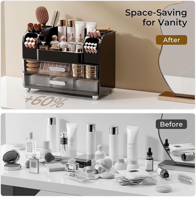 UFORU Makeup Organizer for Vanity with 2 Large Drawers, Cosmetic Display Case with Brush Holders, Easy to Storage for Bathroom Countertop Skincare, Perfume, Black