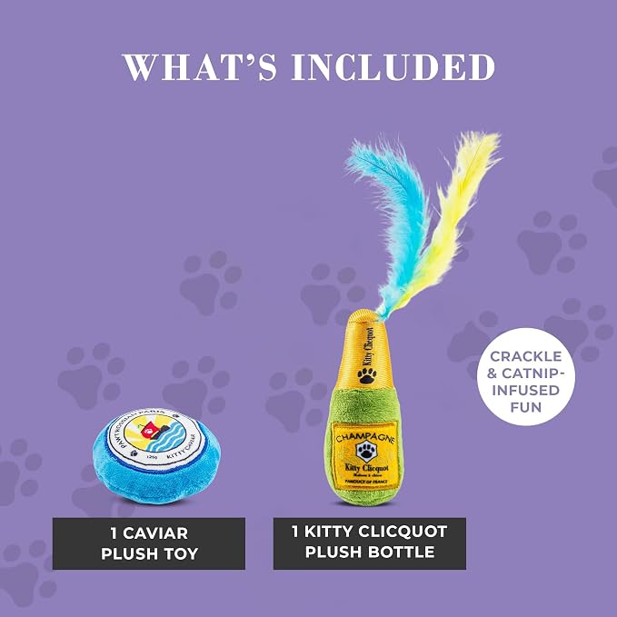 Haute Diggity Kitty Clicquot Champagne & Caviar Set, Plush Cat Toys Catnip Filled with Interactive Crackle Sound, Safe, Durable Toys for Cat & Kitten, 2 Pcs