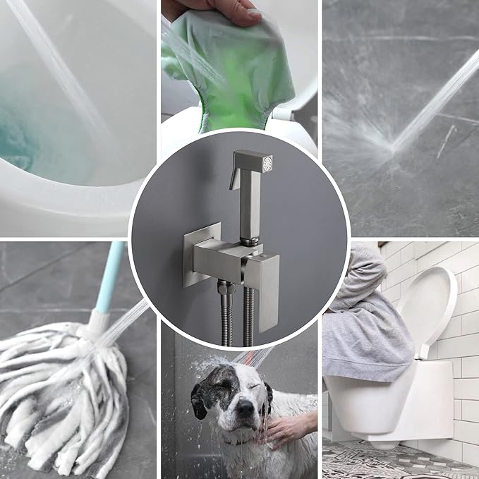 SHAMANDA Warm Water Bidet Sprayer for Toilet with Hot and Cold Brass Rough-in Valve, Stainless Steel Handheld Bidet Attachment Set for Feminine, Pets and Baby Diaper Wash, Brushed Nickel, BDS08-2