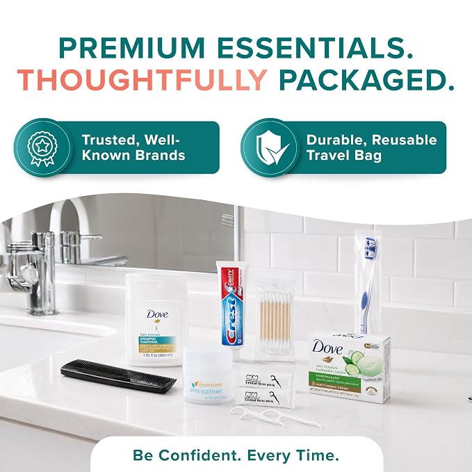 TrekTote Bulk 10 Piece Hygiene Kit Travel Size Toiletries Kit, Care Package, Mini Deodorant Shampoo Toothbrush Toothpaste, Clear Bag 5 Pack