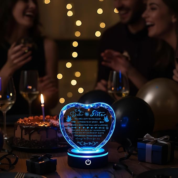 Sister Gifts Crystal Keepsake with LED Base, Laser Engraved Sister Gift from Sister, Soul Sister Presents for Women, Unique Big Sister Birthday Gifts for Girls, Best Sister Ever Gifts